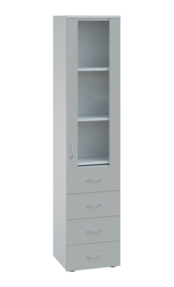 LE - 44 skříň léková prosklená, pravá, korpus bílý, dvířka šedá